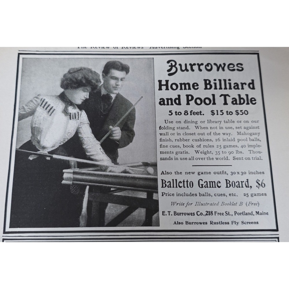 1903 Burrowes Home Billiard Pool Table Print Ad Portland Maine Antique Art
